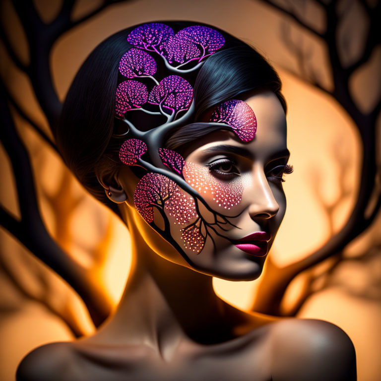 Woman with purple tree-like patterns on face against warm amber backdrop