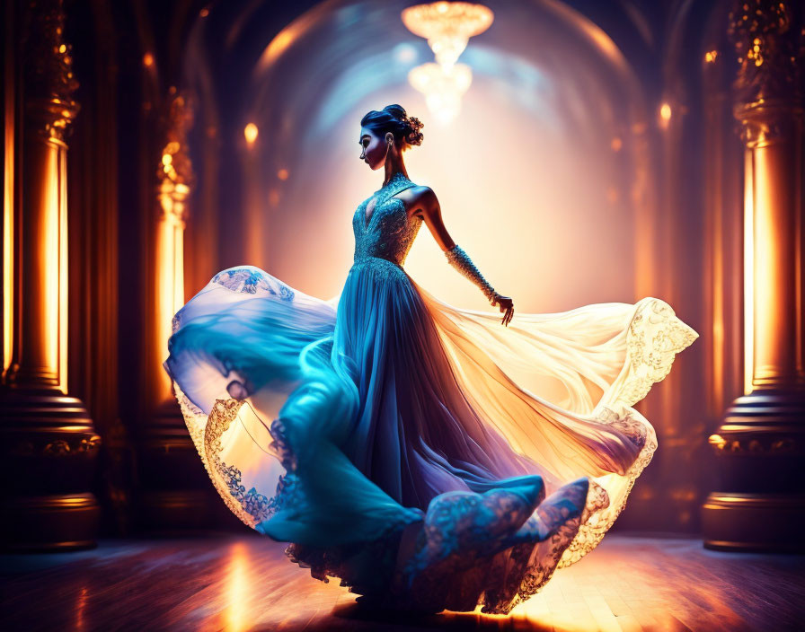 Elegant woman twirls in dimly lit ballroom with vintage chandeliers
