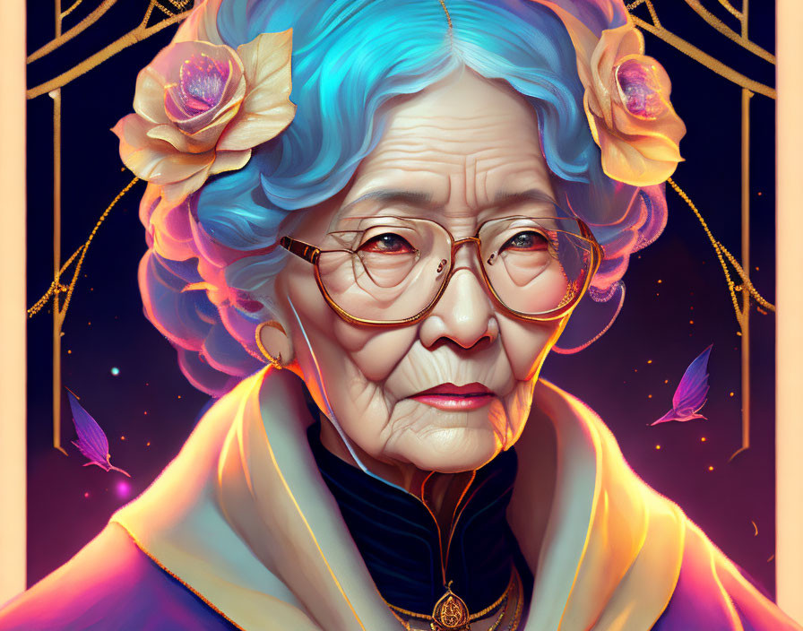 Elderly woman with blue hair and glasses in traditional attire, adorned with gold details and flowers,