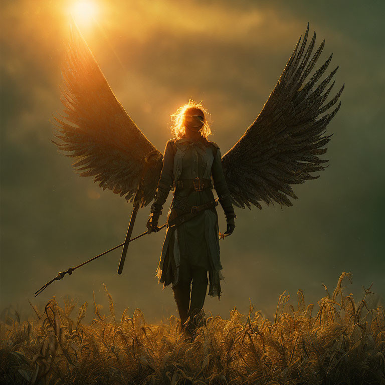 Angelic figure with wings in golden field at sunset holding a spear