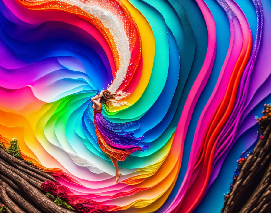 Colorful Dress Dancing in Swirling Rainbow Paper Ribbons