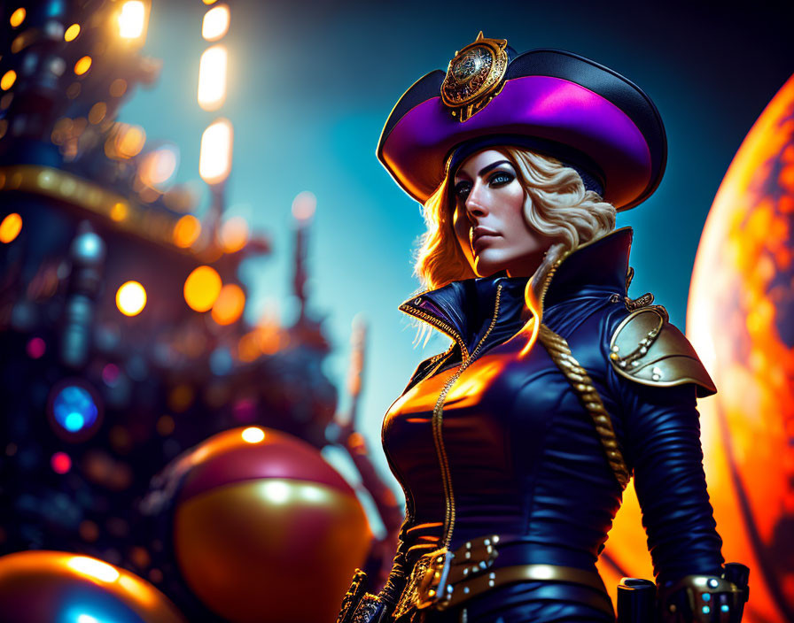 Futuristic admiral costume woman in neon cityscape