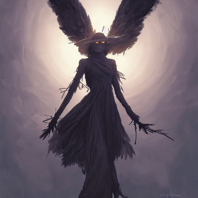 Dark figure with glowing eyes, wings, and pointed hat in eerie illustration