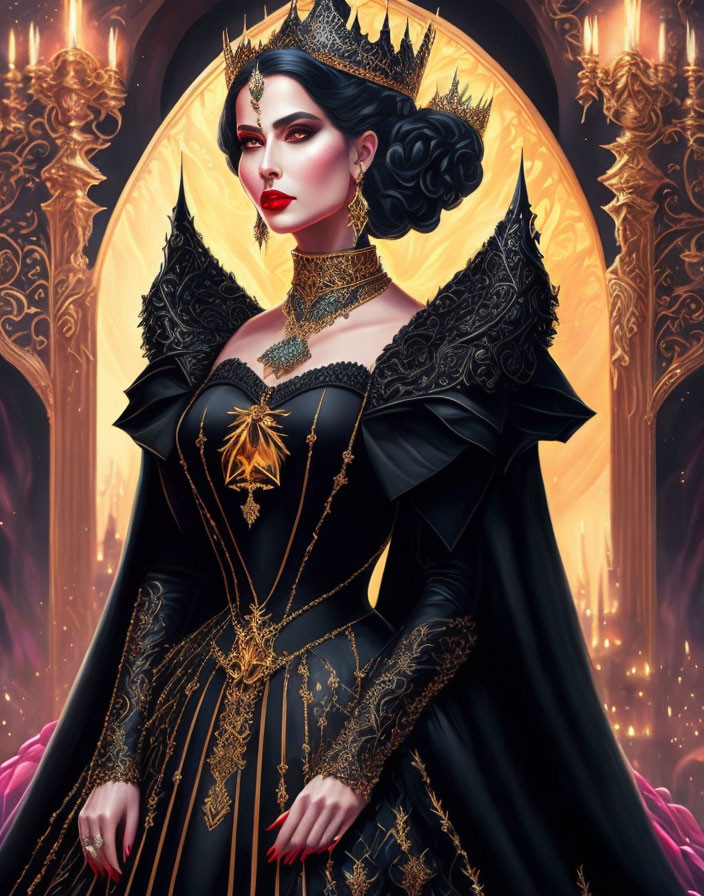 Dark-haired queen in black and gold gown among candles and castle architecture