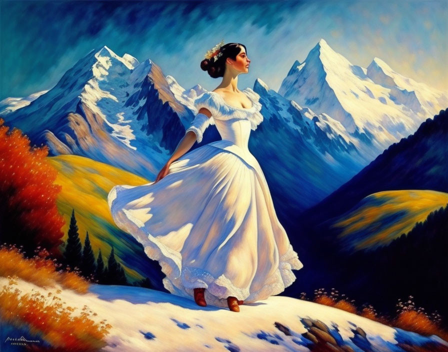 Woman in white vintage dress on mountain slope with snowy peaks and autumn foliage