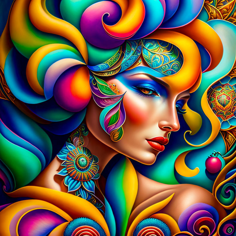 Colorful illustration of woman with stylized features and elaborate hair blending nature and art in harmonious composition