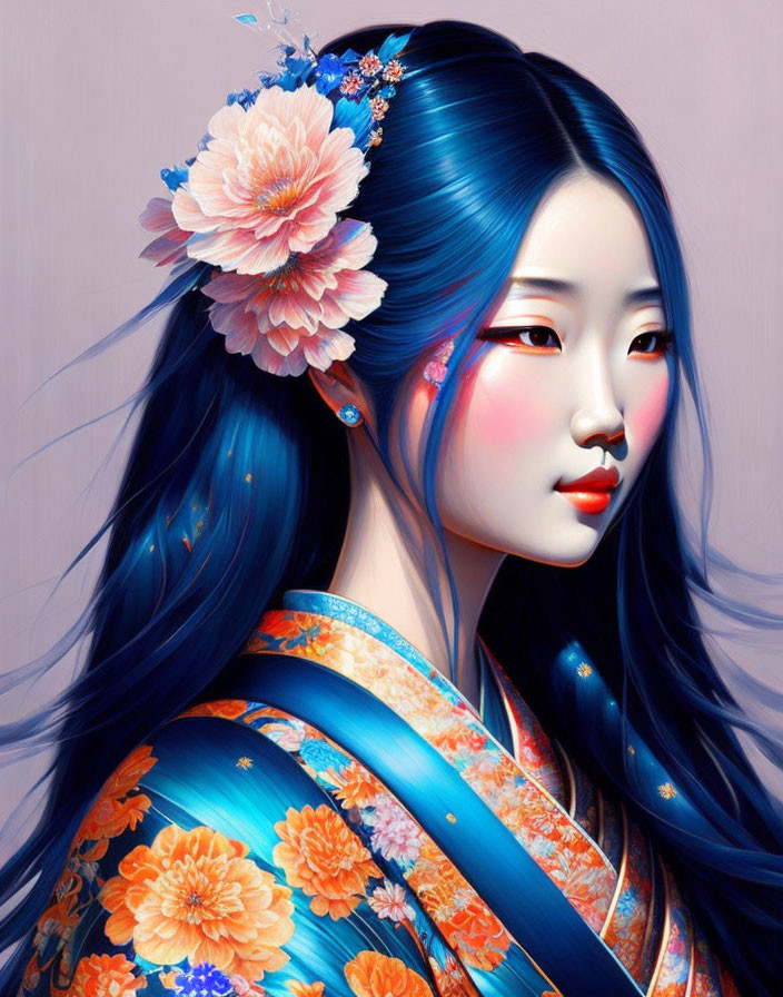 Illustrated portrait of woman with long blue hair in floral kimono