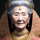 Elderly woman with grey hair and golden jewelry in brocade shawl portrait