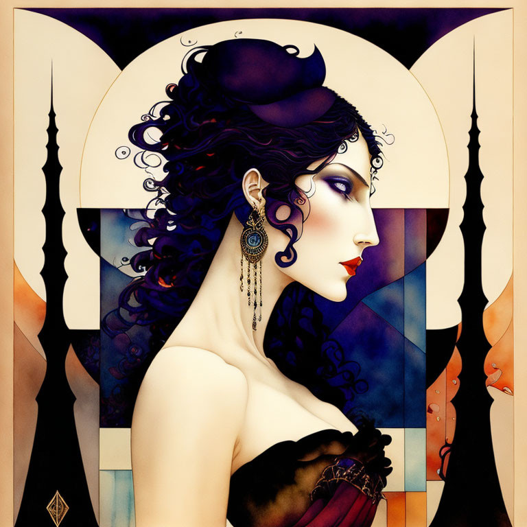 Art Nouveau Woman Portrait with Dark Curly Hair and Hat on Geometric Background