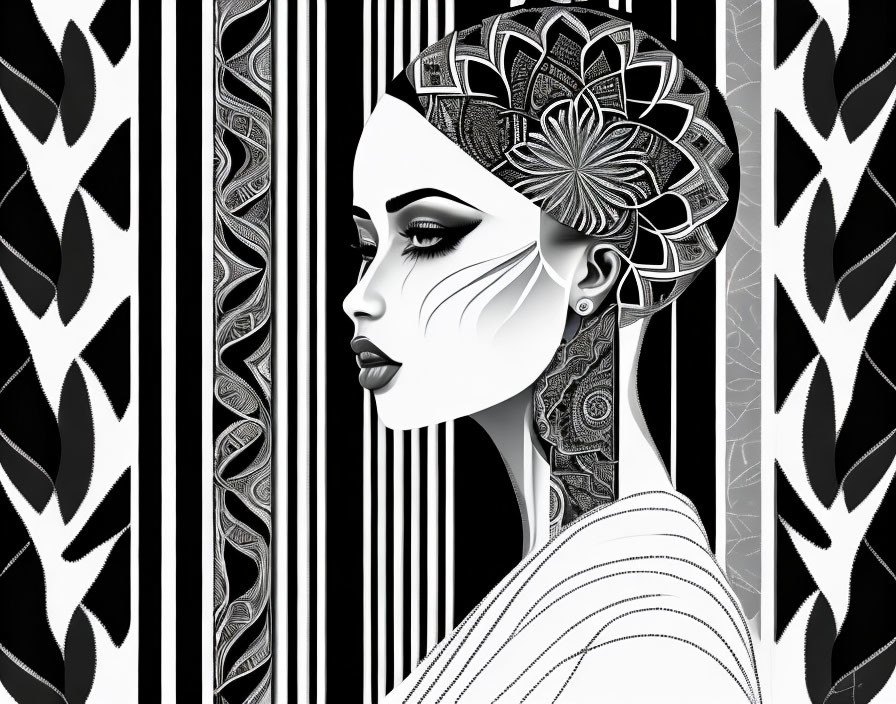 Monochrome artistic illustration of woman with headpiece and tattoos