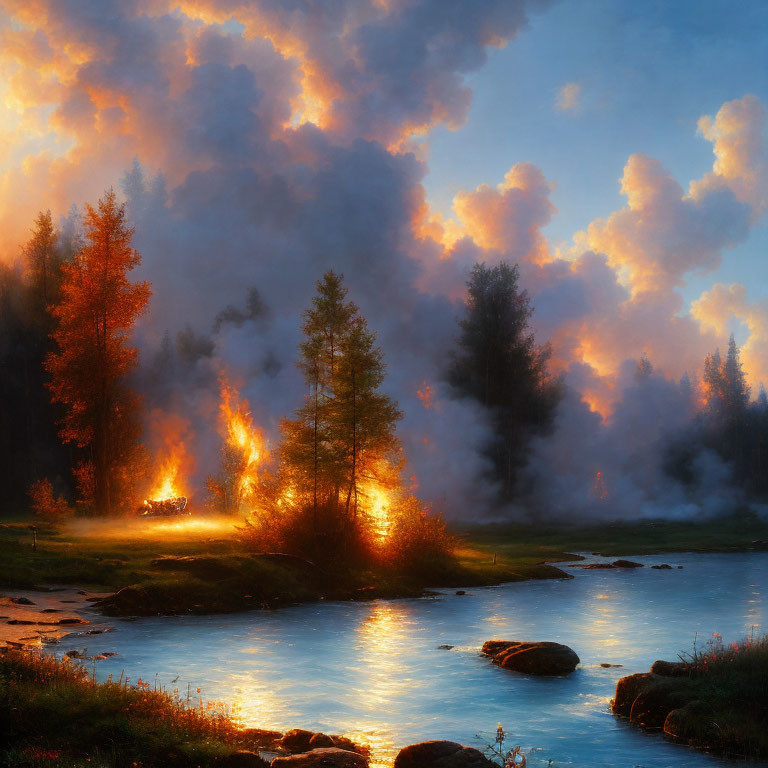 Tranquil river in autumn forest with misty golden light and small fire