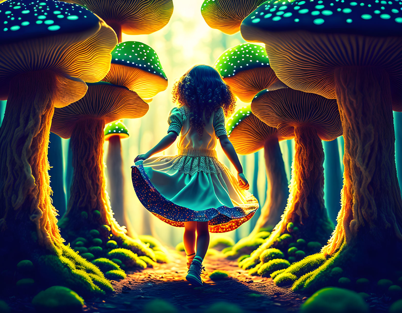 Girl in Blue Dress Explores Surreal Forest with Giant Mushrooms