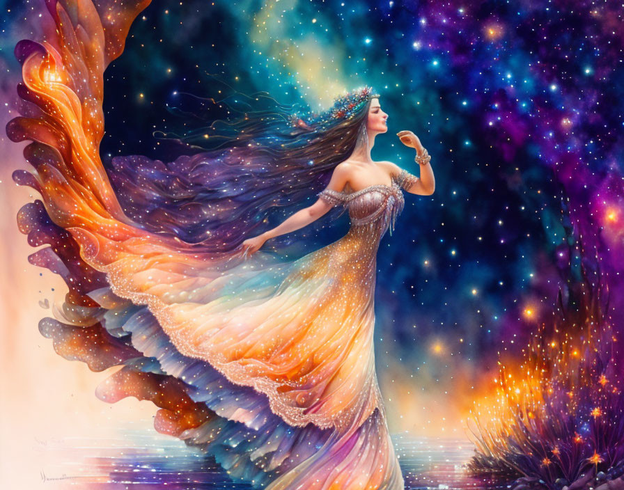 Colorful woman in flowing dress merges with cosmic scene on starry backdrop with bird.