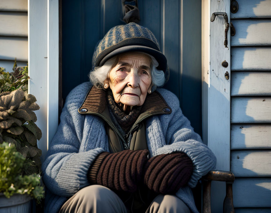 Elderly woman in blue hat and warm jacket gazes into the distance