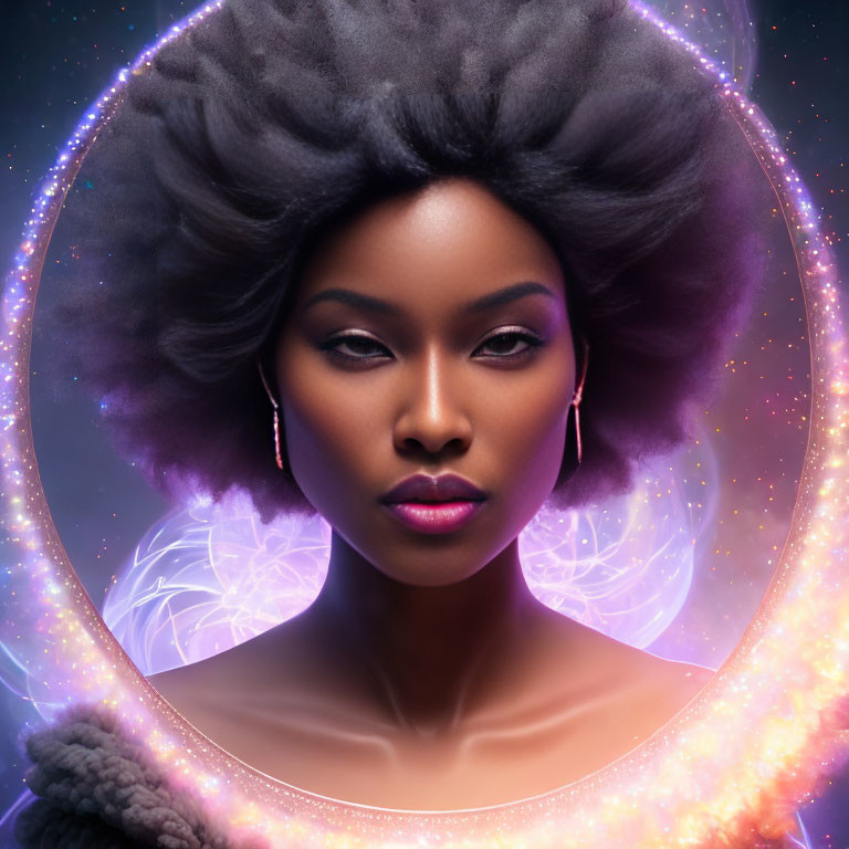 Cosmic-themed portrait of a woman with afro and luminous ring