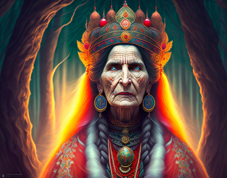 Elder with intricate jewelry and colorful headdress in mystical forest