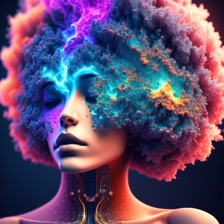 Vibrant surreal image: woman with nebula-like afro in purple, blue, and orange