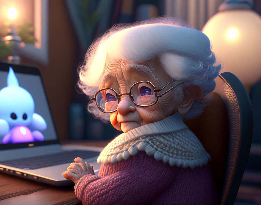 Elderly woman with glasses using laptop at night with cute cartoon character on screen