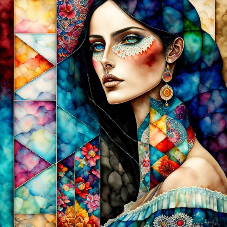 Colorful mosaic patterns adorn woman's portrait with intricate jewelry