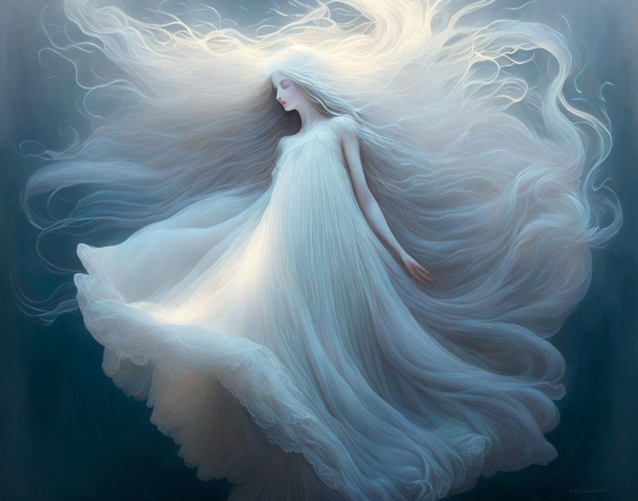 Ethereal figure in white gown with wavy hair on blue background