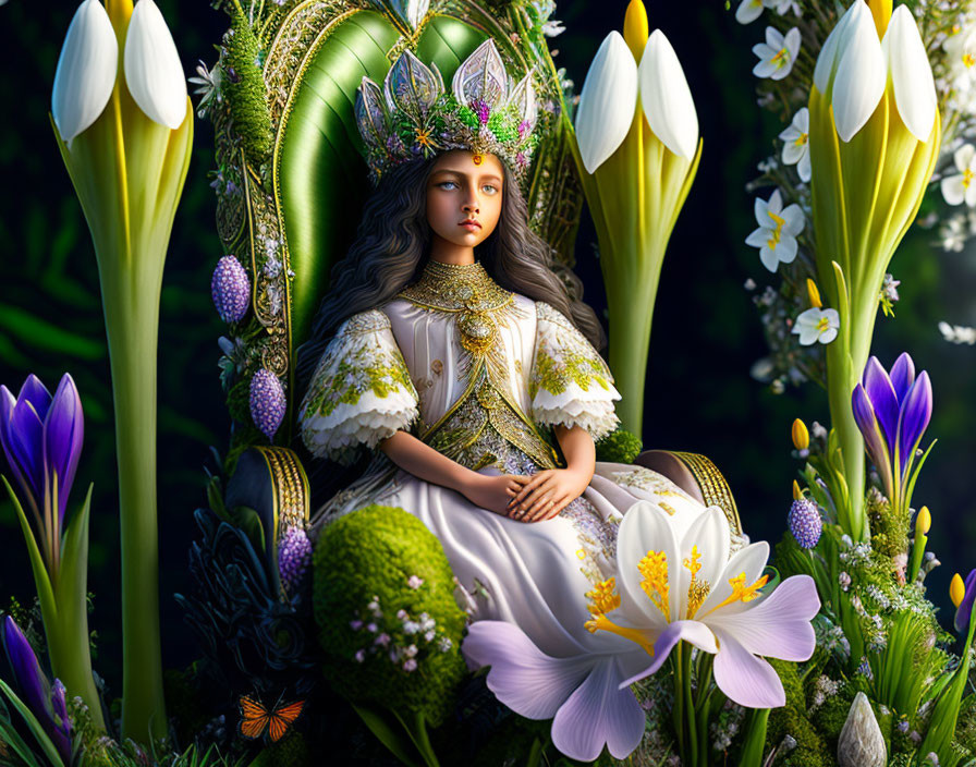 Young woman in regal attire on floral throne surrounded by lush foliage