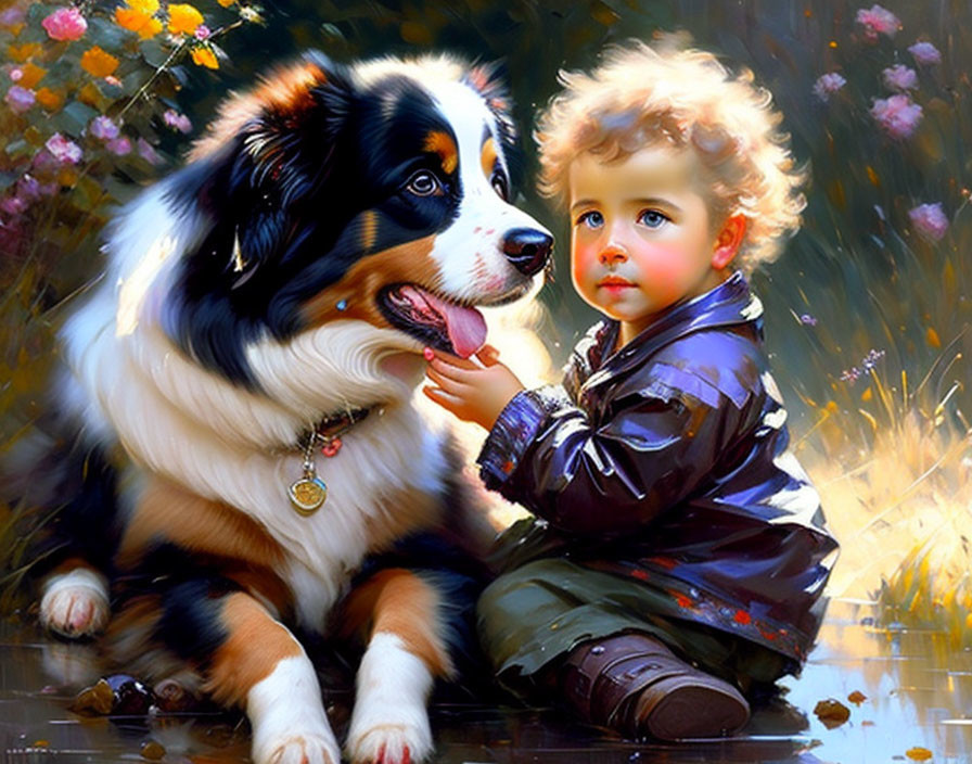 Child with Curly Hair and Bernese Mountain Dog in Colorful Setting