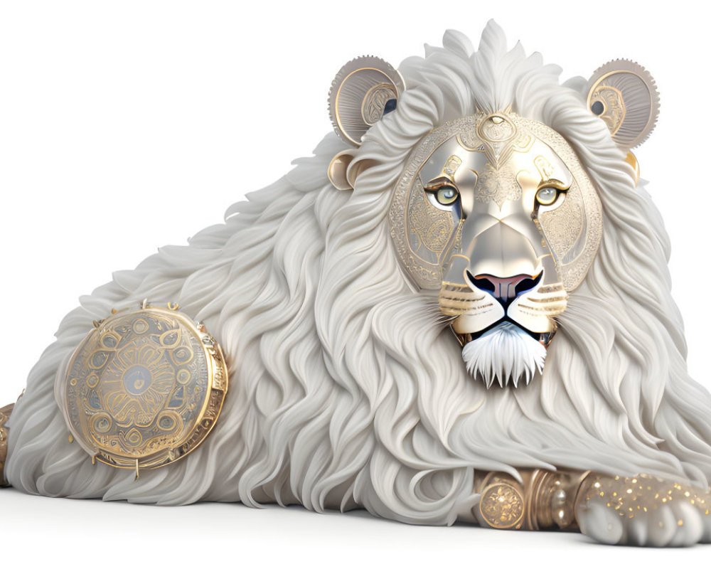 Stylized white lion with gold patterns on white background