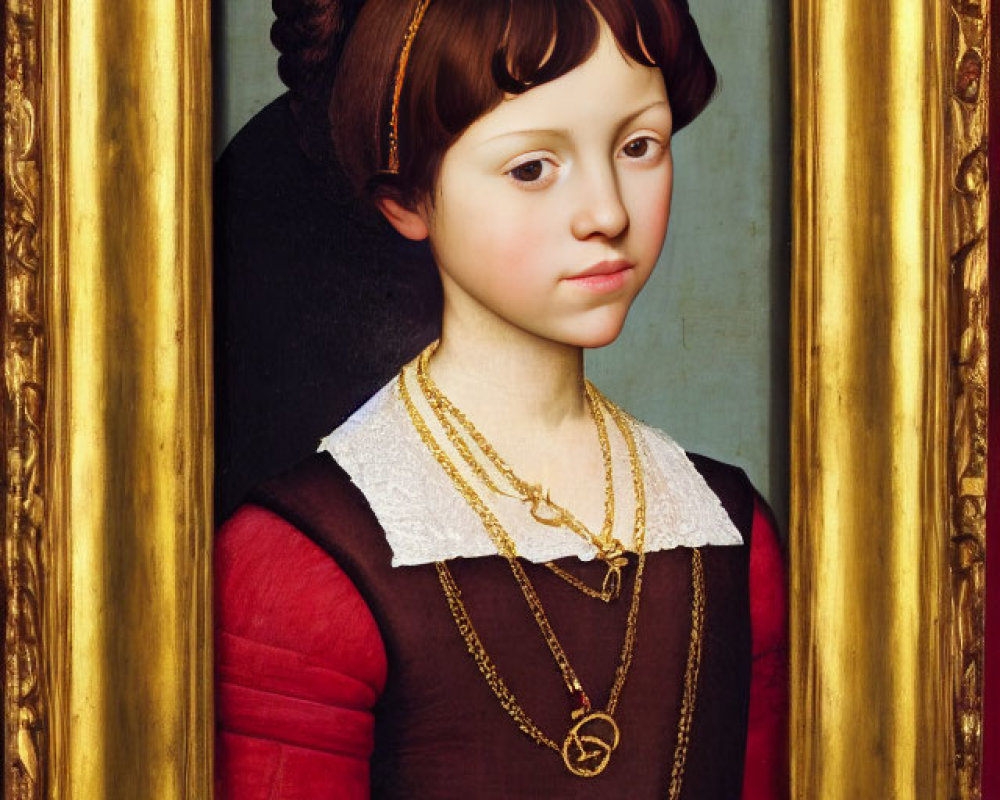 Renaissance-style portrait of young girl with headband and gold necklace