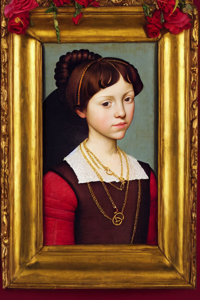 Renaissance-style portrait of young girl with headband and gold necklace