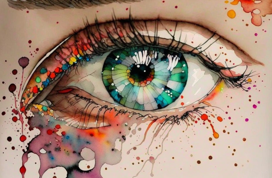 Colorful Watercolor Eye Illustration with Ink Splatters and Drips