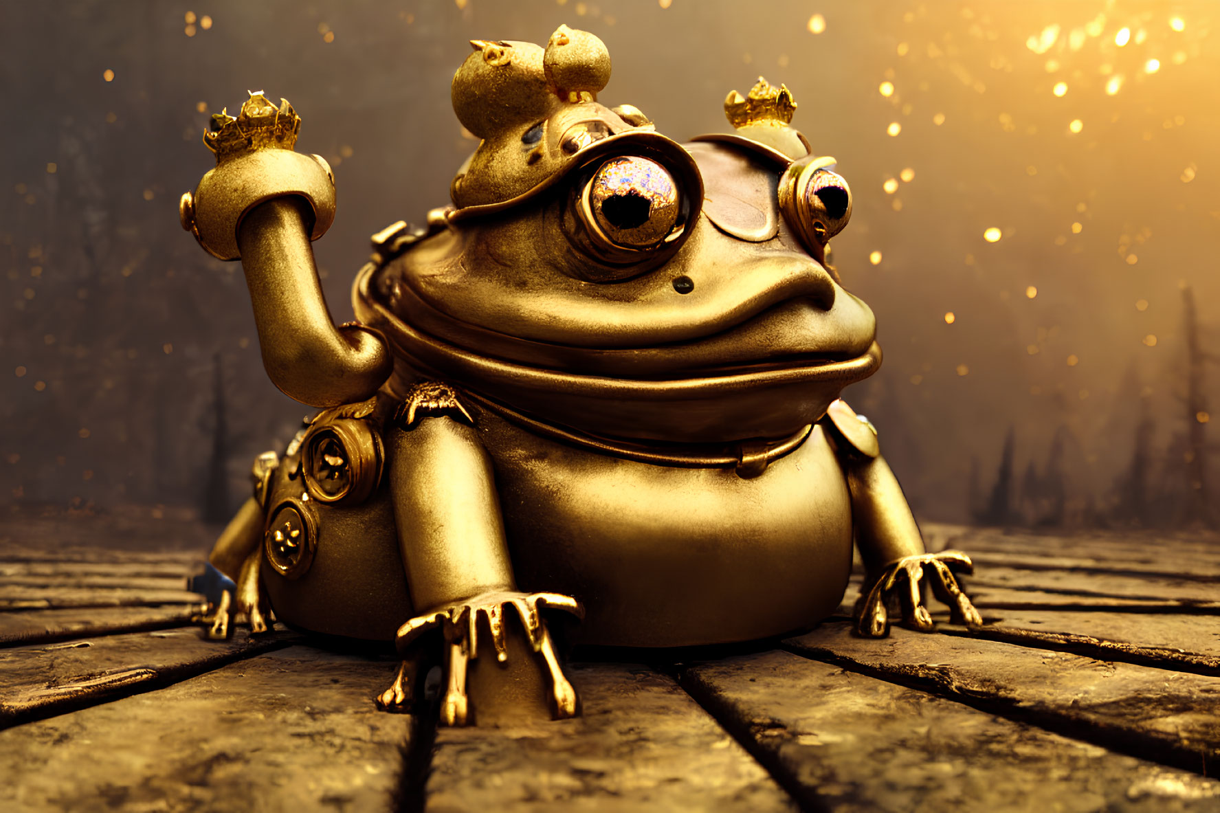 Golden 3D frog with crown and orb in mouth on mystical amber backdrop