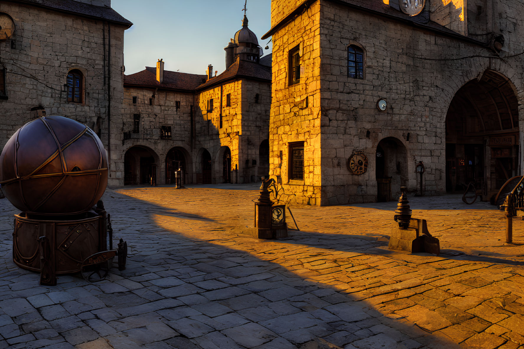 Medieval cobblestone square with spherical sculpture and art installations at sunset
