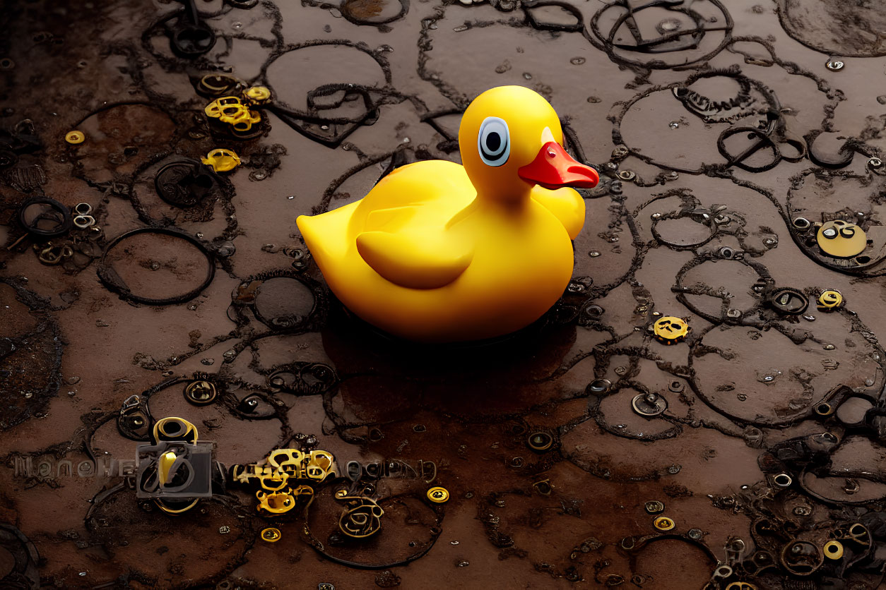 Yellow rubber duck surrounded by brass gears on wet surface