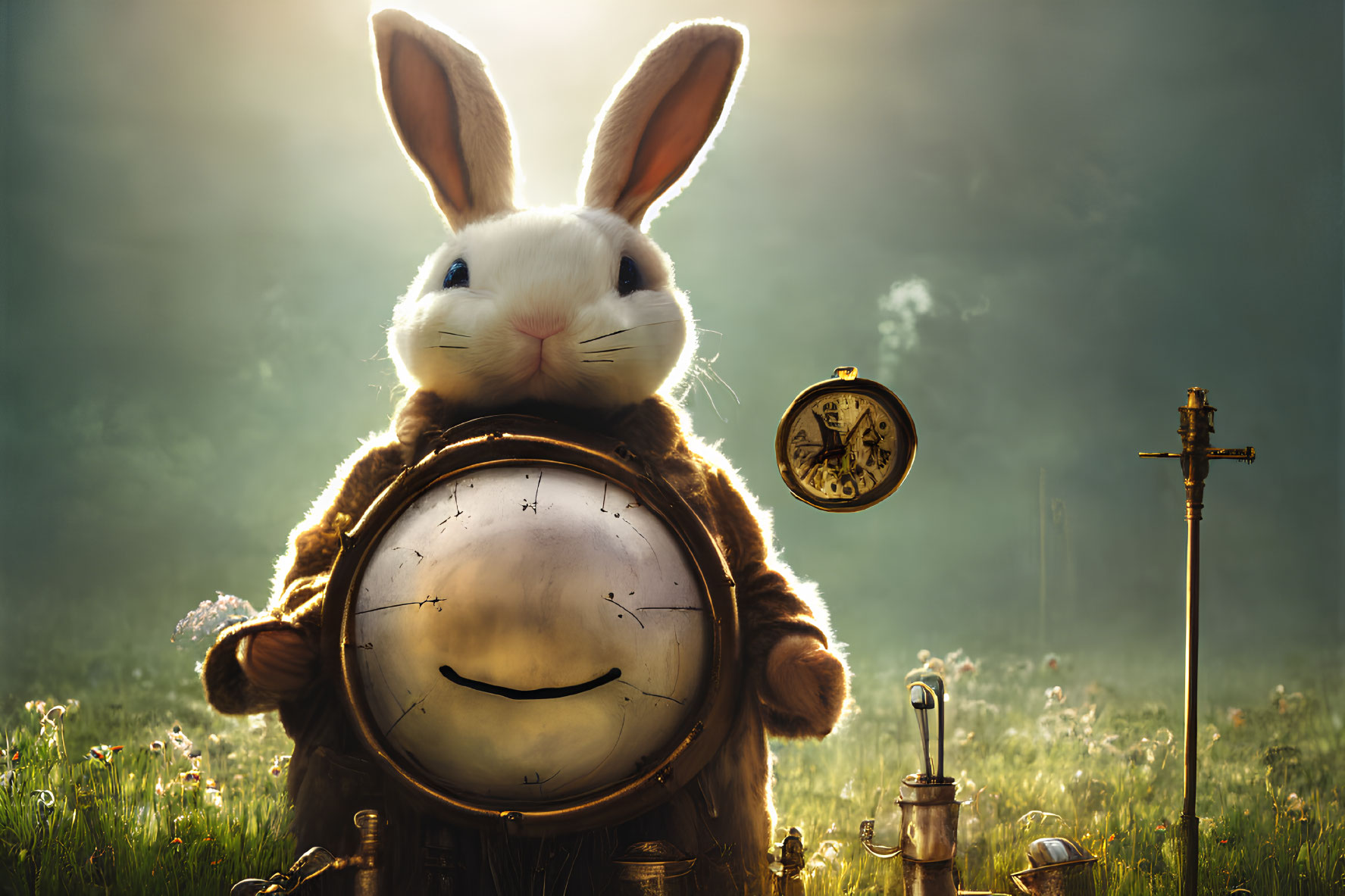 Anthropomorphic Rabbit with Clock Torso in Sunlit Field