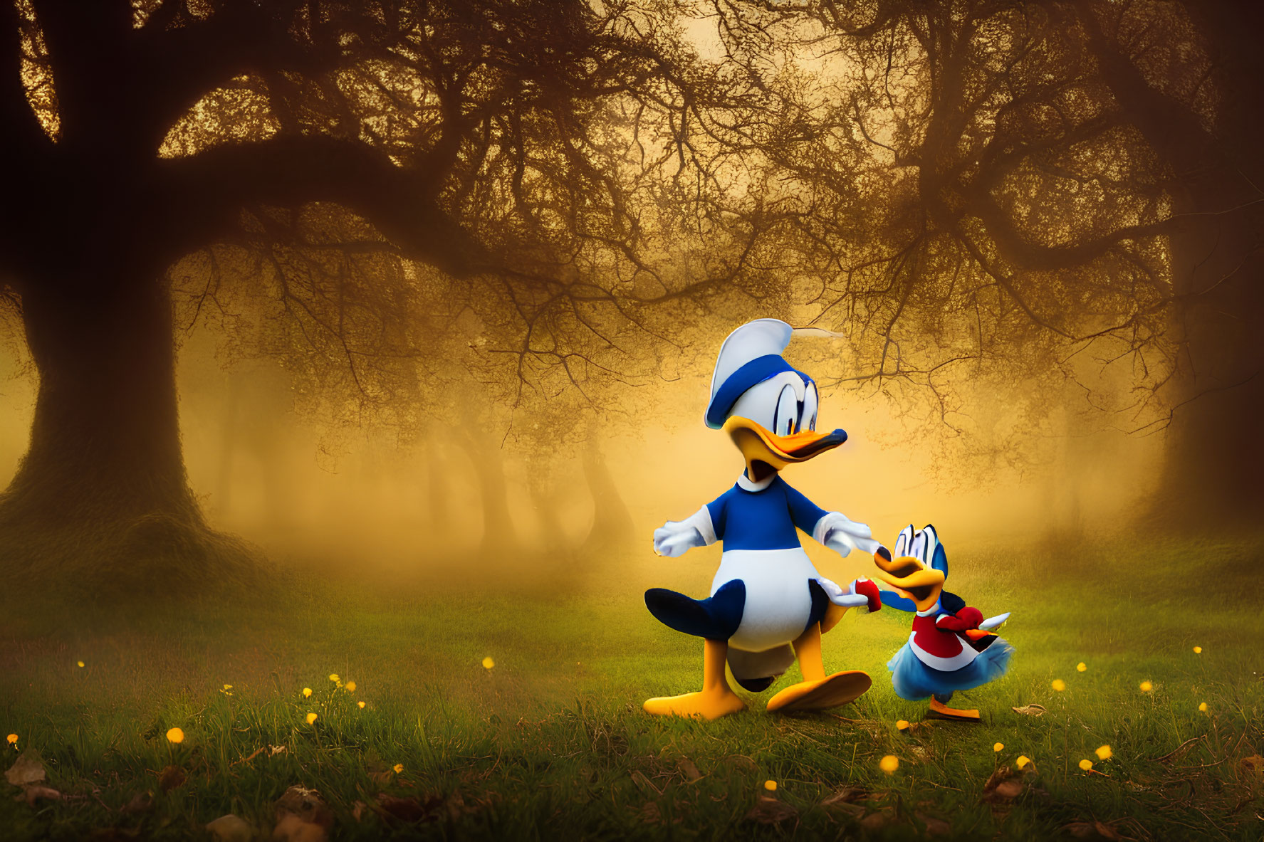 Duck and nephew stroll in misty forest with golden light