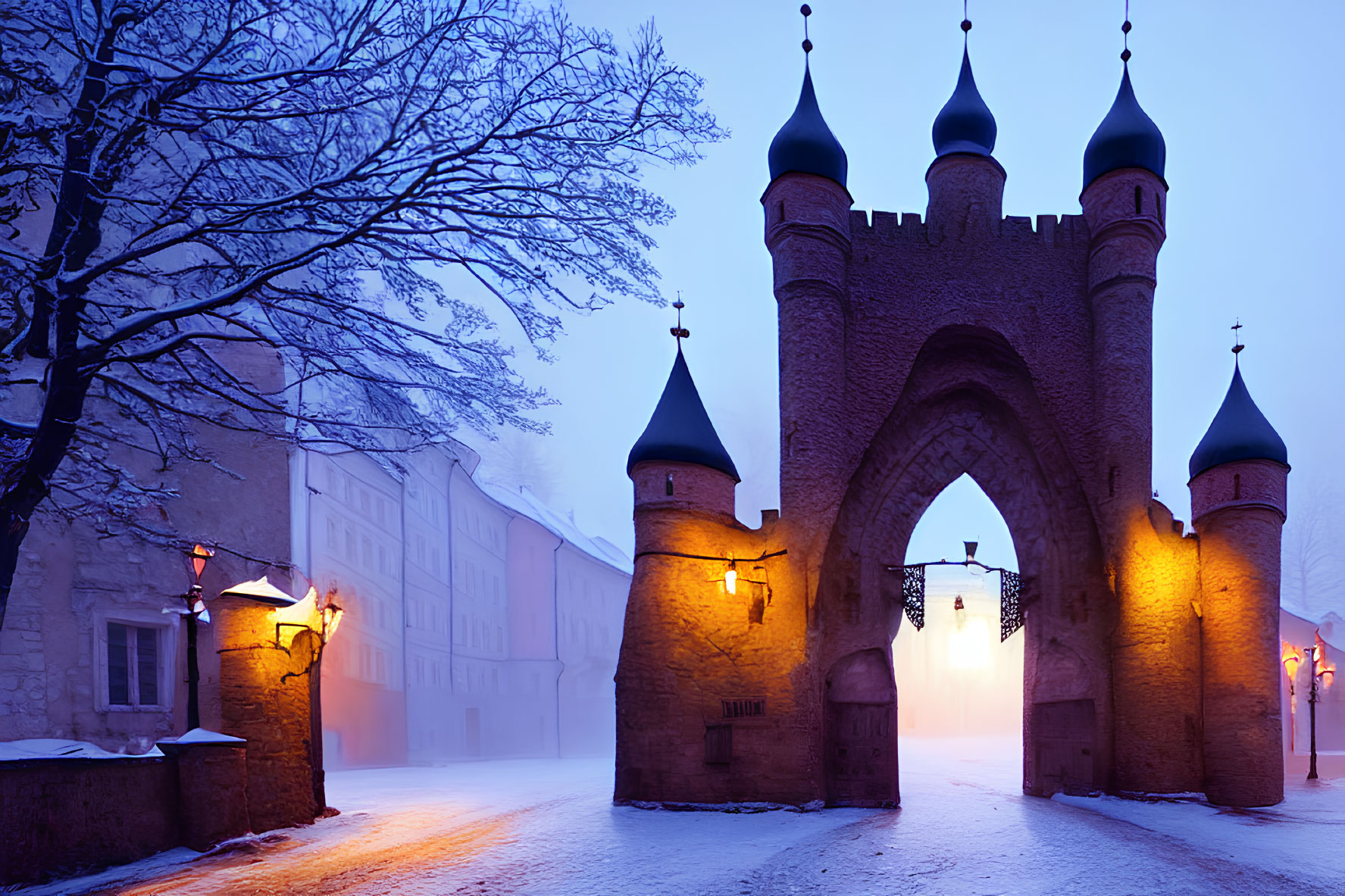 Historical gate with turrets on misty winter evening street scene