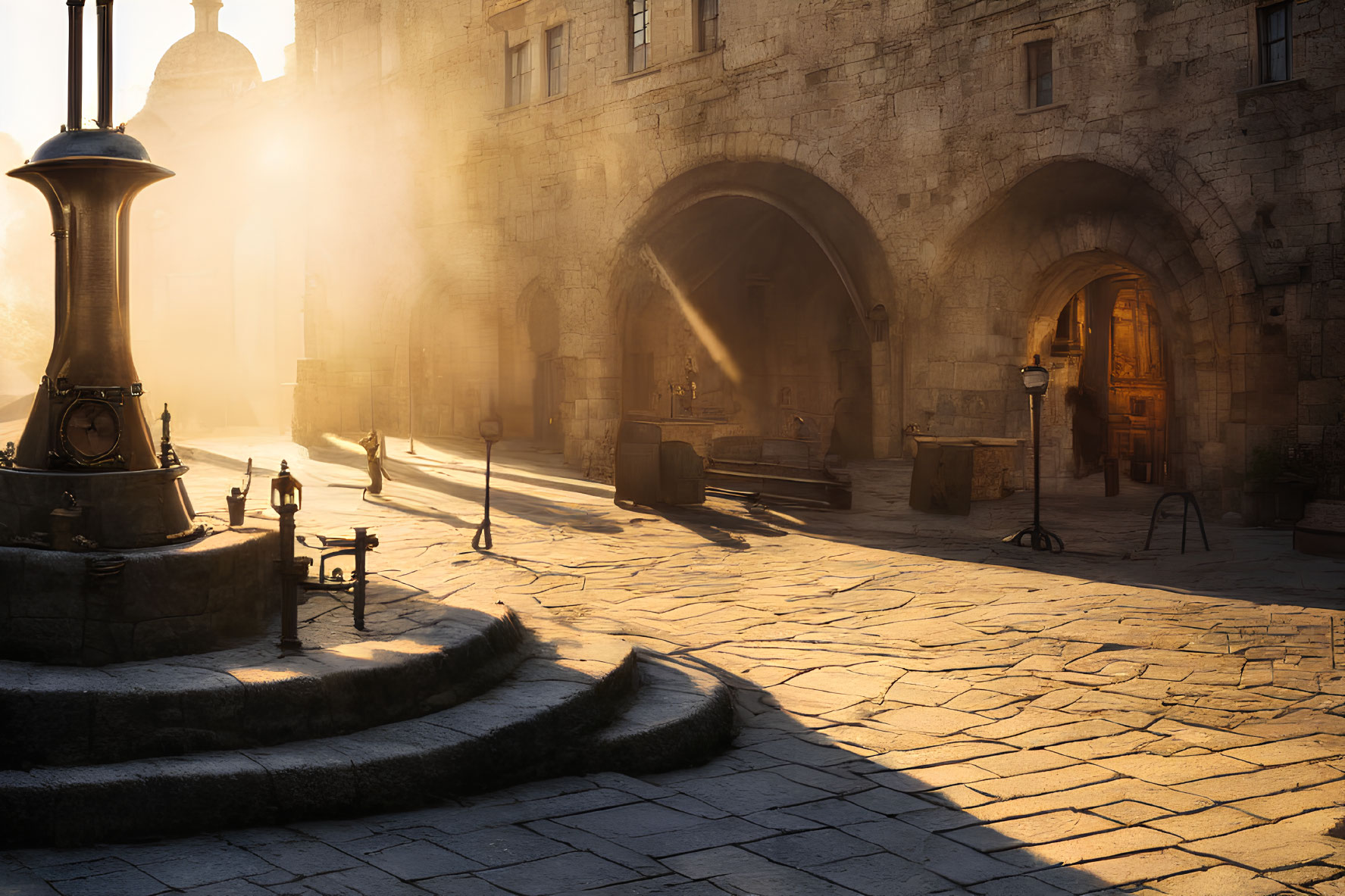 Historical stone plaza with lamp post and silhouetted figures walking.