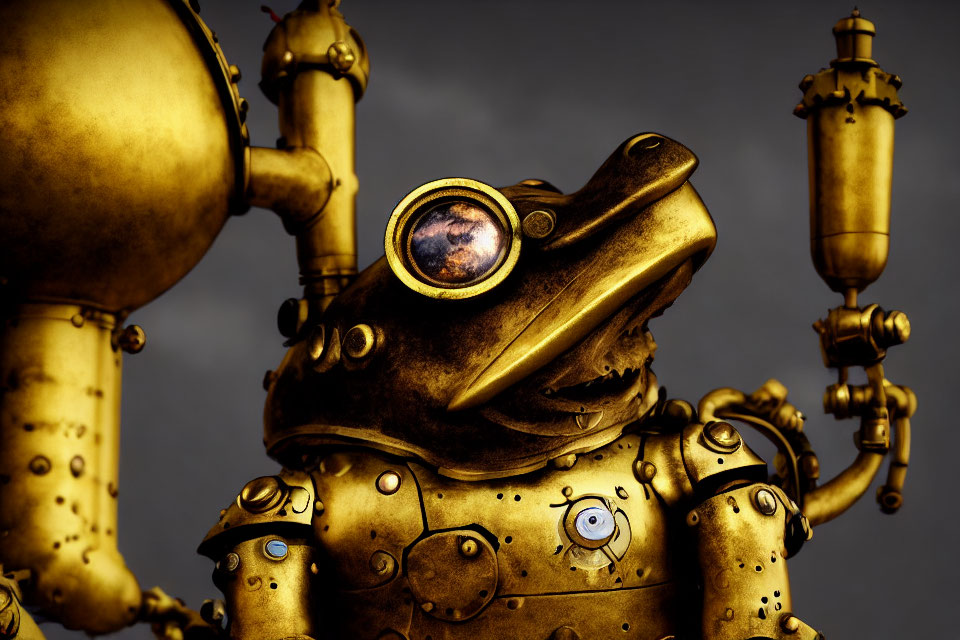 Intricate steampunk mechanical frog with brass body and monocular eye