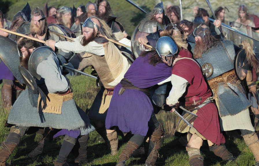 Viking battle reenactment with actors in historical armor fighting on grassy field