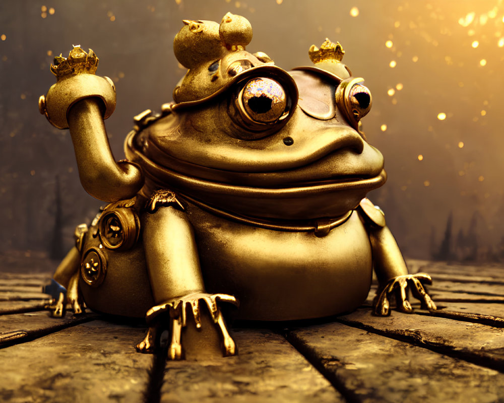 Golden 3D frog with crown and orb in mouth on mystical amber backdrop