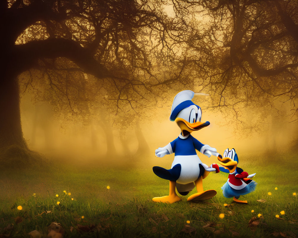 Duck and nephew stroll in misty forest with golden light