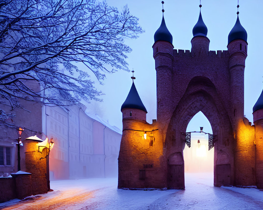 Historical gate with turrets on misty winter evening street scene