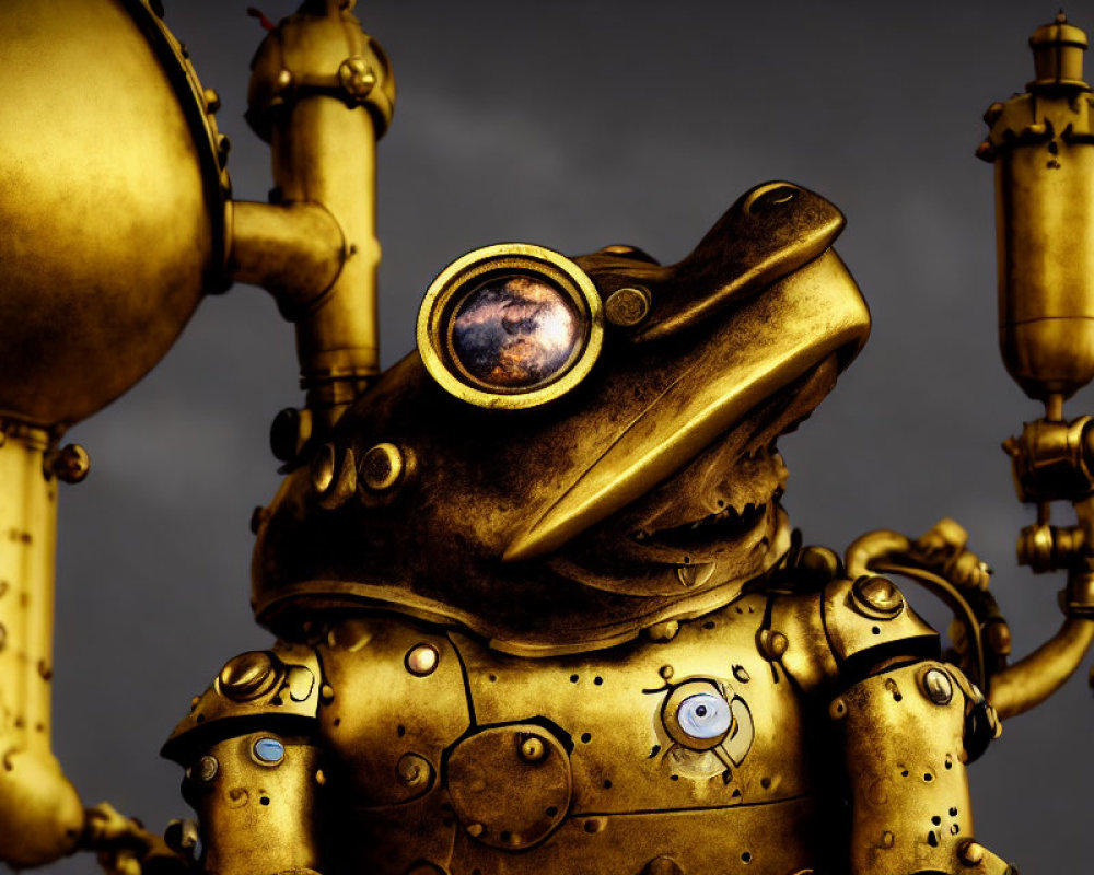 Intricate steampunk mechanical frog with brass body and monocular eye