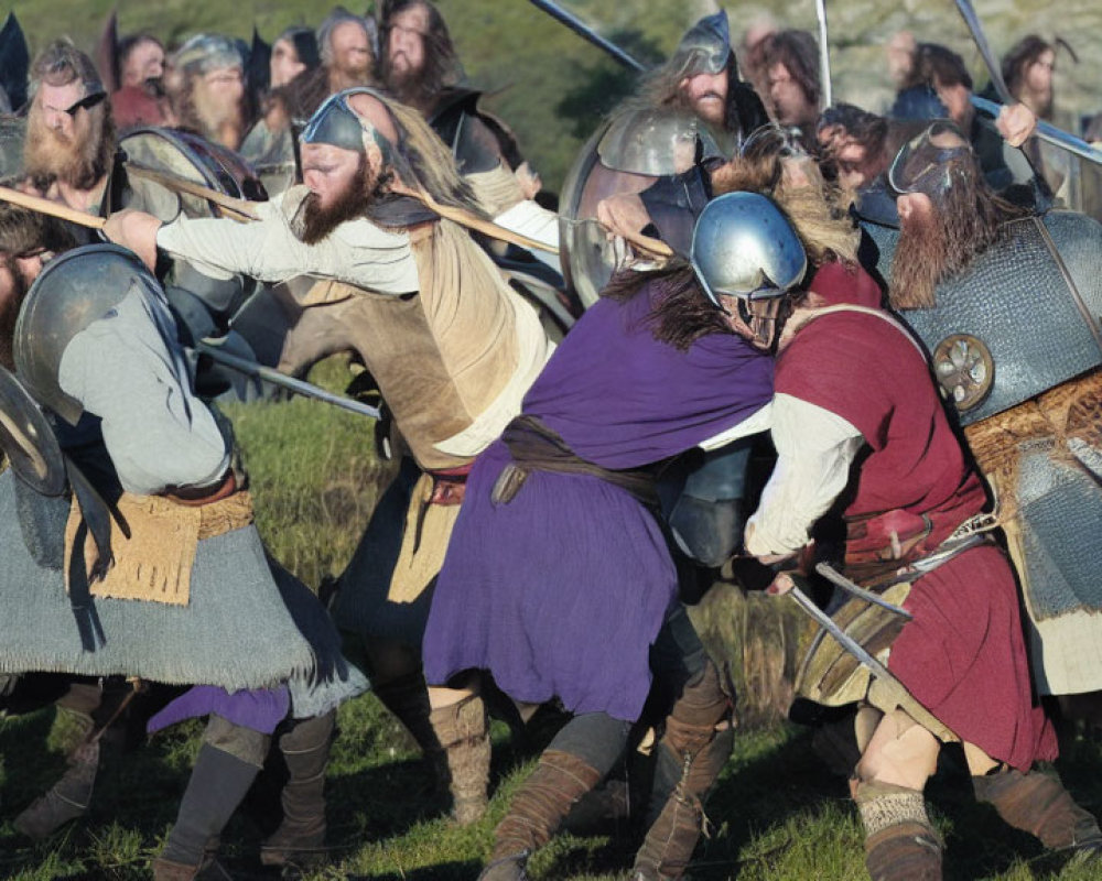 Viking battle reenactment with actors in historical armor fighting on grassy field