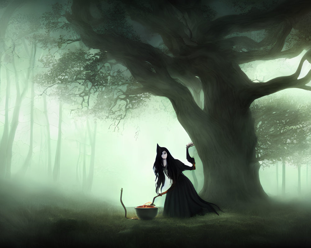 Mysterious Figure Stirring Cauldron in Ethereal Forest