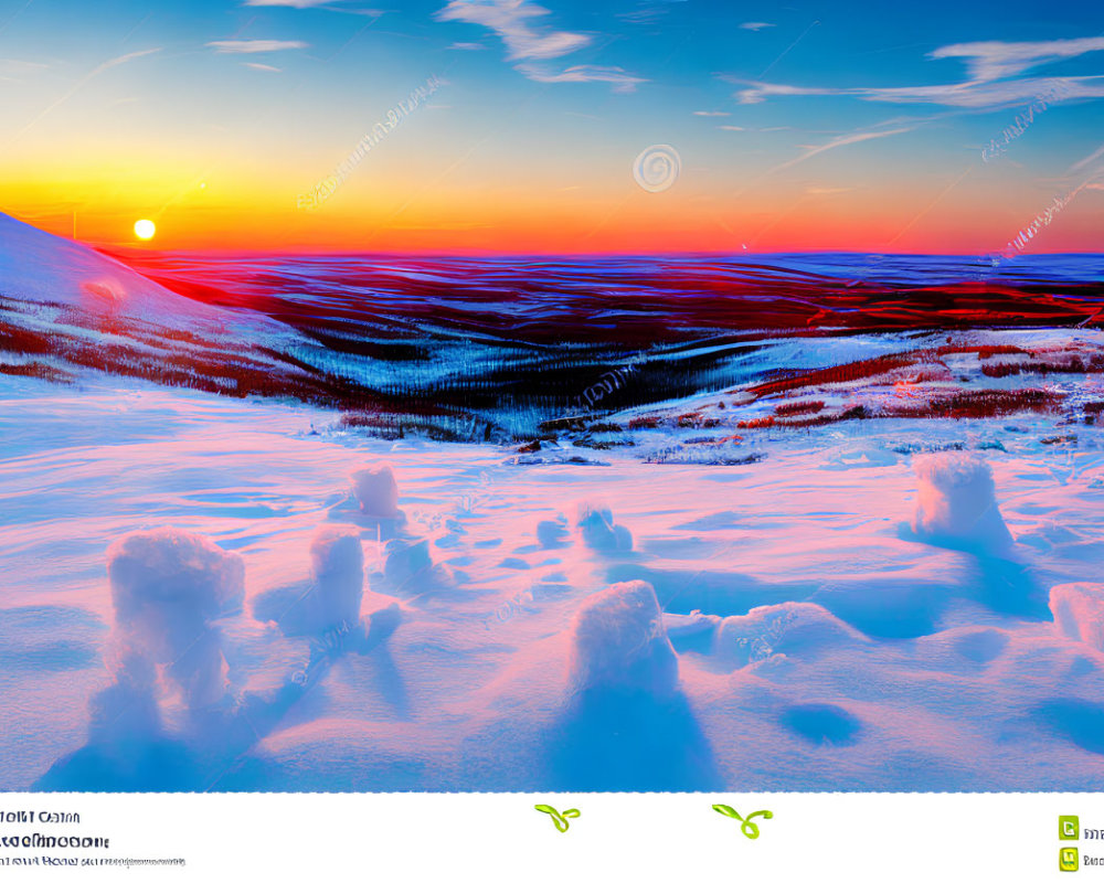 Snowy landscape with vibrant sunrise and gradient sky