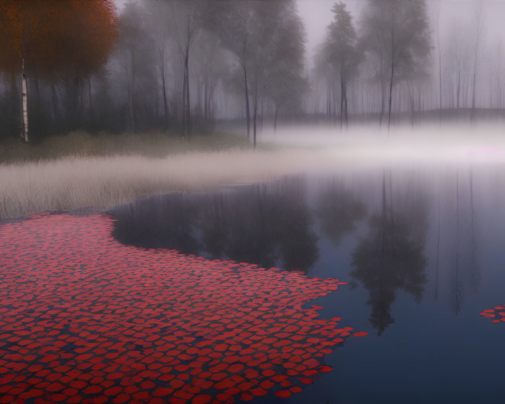 Tranquil lakeside scene with red leaves, fog, trees, and reeds