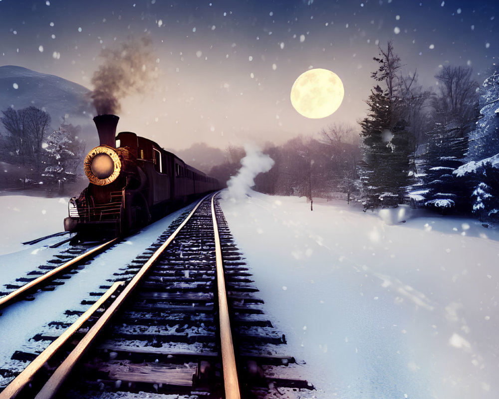 Vintage Steam Train Night Scene on Snow-Covered Tracks