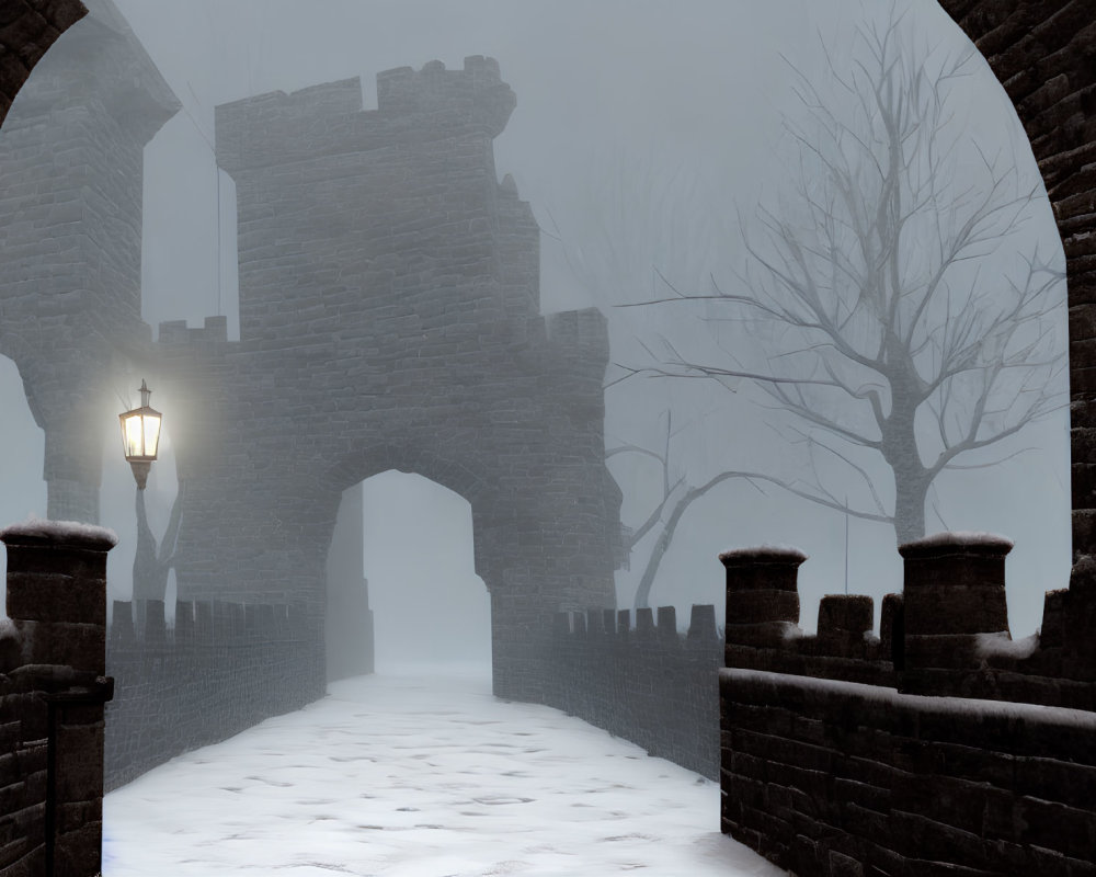 Snowy archway with lantern leading to medieval castle silhouette