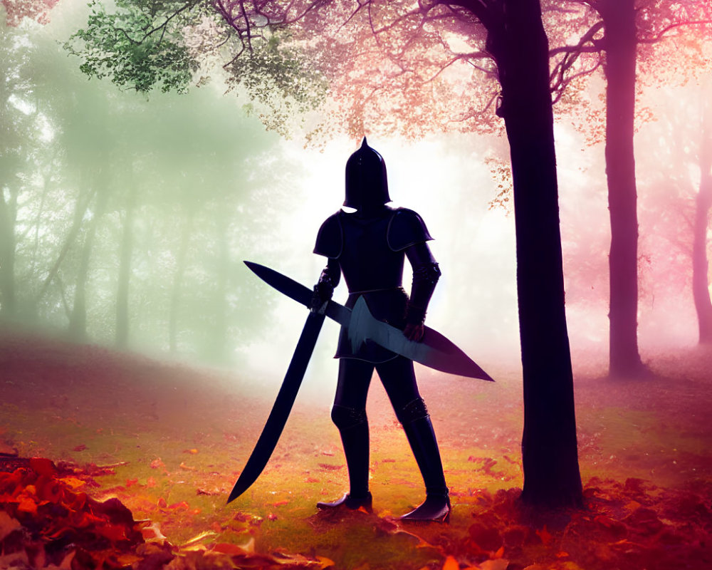 Knight in Armor with Sword in Mystical Autumn Forest